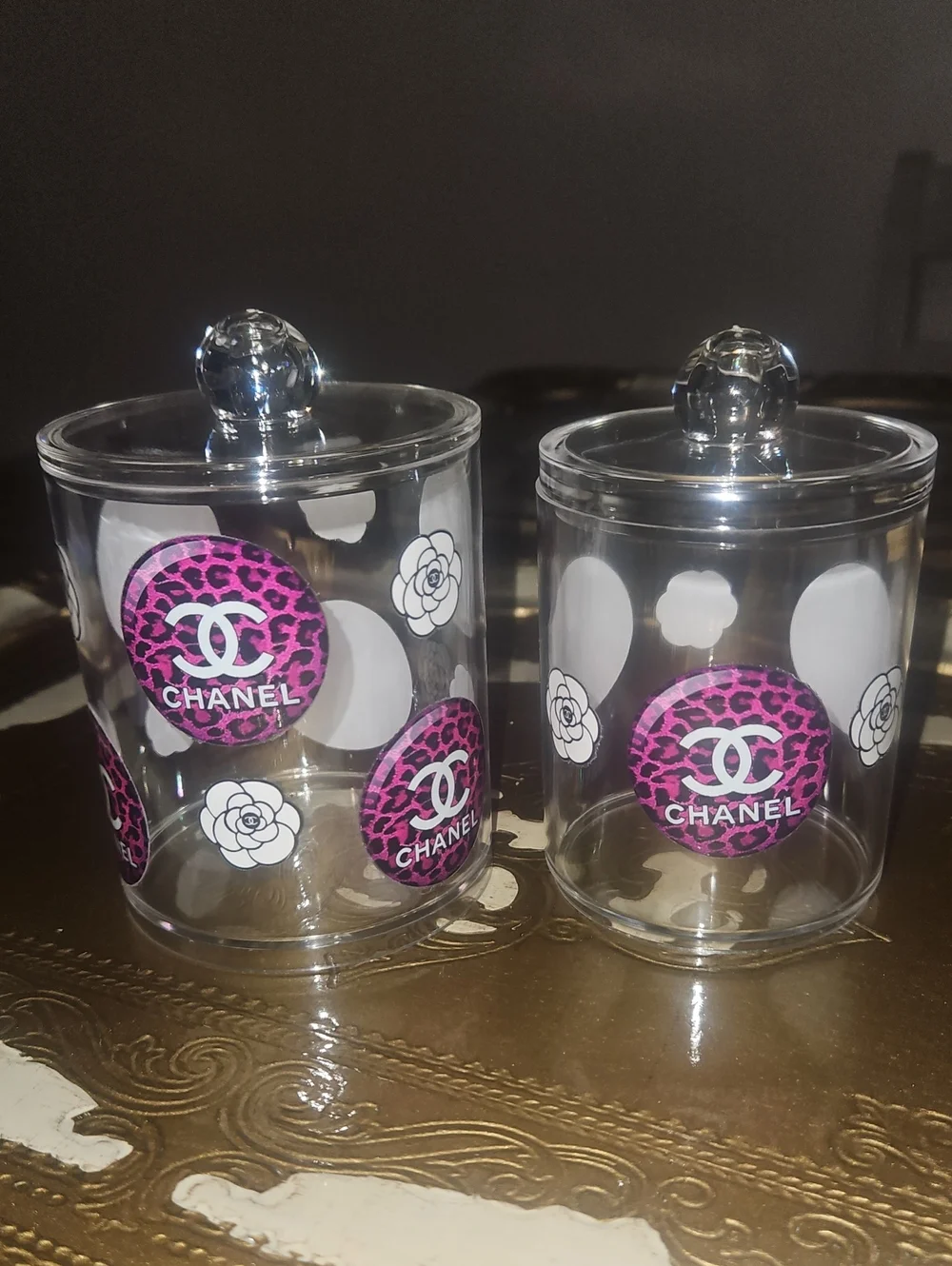 Clear Canisters with Custom Pink Leopard Logo Accents New